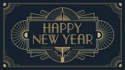 Vintage Inspired Happy New Year Banner with Art Deco Metallic Accents and Sunburst Pattern