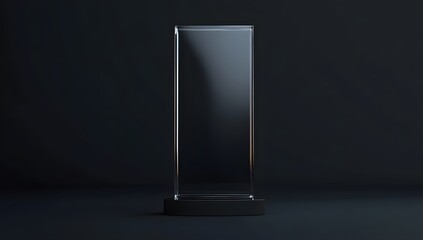 3D rendering of a glass award on a dark background. A blank, empty trophy with a rectangular shape 