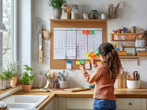 Girl organizing colorful sticky notes on kitchen wall calendar for family planning