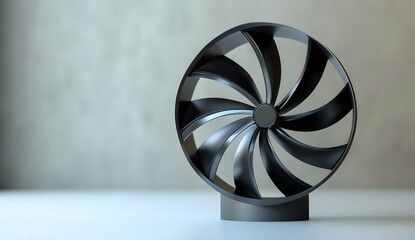 Black metal fan on a white background with copy space, 3D rendering, a softly blurred neutral gray background.