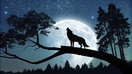 A majestic wolf silhouette stands calmly on a thick branch gazing into the distance with keen alert posture.