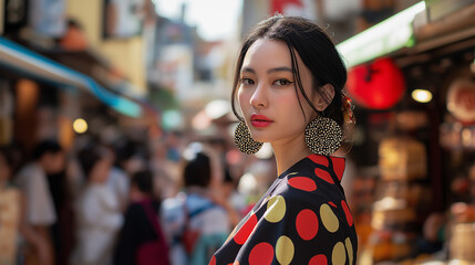 Fototapeta premium Japanese model in bold polka-dot dress and statement accessories, standing in crowded marketplace - Fun and energetic, warm daylight