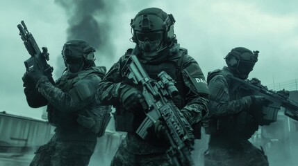 Fototapeta premium Total Defense Day Tactical special forces team in action during military operation at dusk