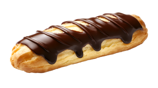 French eclair pastry isolated on white background. National Chocolate Eclair Day concept. Suitable for marketing, celebration or business purposes. PNG file