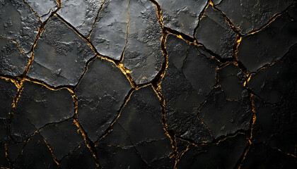 Dark cracked surface with gold veins.