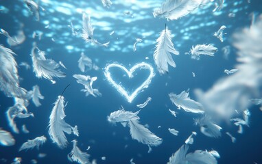 Ethereal Underwater Scene with Floating Feathers Forming Heart Shape in Blue Water, Creating a Dreamy and Peaceful Atmosphere of Love and Serenity