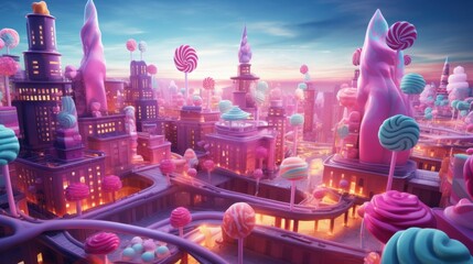 National Gumdrop Day Fantasy candy land cityscape at sunset, surreal lollipop dreamscape