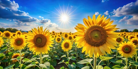 Fototapeta premium Radiant Sunflowers Basking in Golden Sunlight Across a Vast Field
