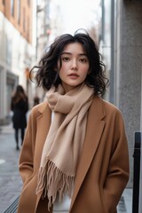 Stylish woman in cozy scarf and coat strolling through urban street scene