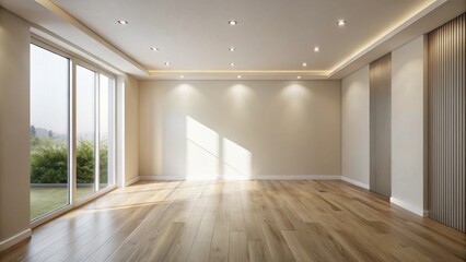Obraz premium Bright, Sunlit Empty Room with Hardwood Floors and Modern Accents