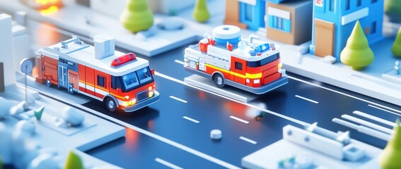 Fototapeta premium A colorful 3D scene depicting two fire trucks responding on a city street.