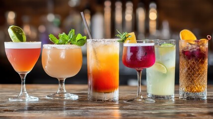 World Bartender Day Vibrant cocktail selection on rustic bar counter for party inspiration and beverage menu design