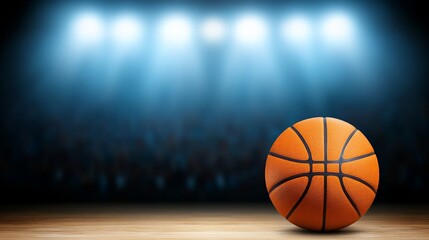 Under the Spotlight: A lone basketball rests center court under the bright stadium lights, ready for the next big play.