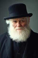 Darwin Day Portrait of an elderly man with white beard in classic black hat and suit