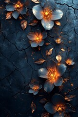 Blooming flowers against dark cracked background nature digital art artistic viewpoint floral concept for serenity