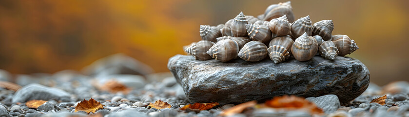 Pile of shells on a rock with autumn leaves.