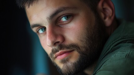 Obraz premium Introspective portrait of a bearded man with piercing eyes