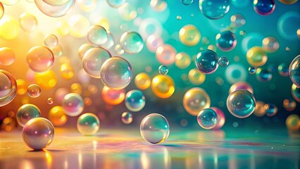 A symphony of iridescent bubbles floats gracefully, their shimmering surfaces reflecting a vibrant sunset and teal sky.