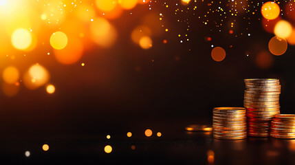 Golden coins stacked with a glowing bokeh effect, representing wealth, prosperity, and financial growth.