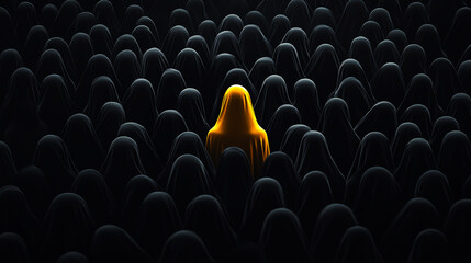 Obraz premium A single yellow figure stands out among dark shapes, symbolizing individuality and uniqueness amidst conformity.