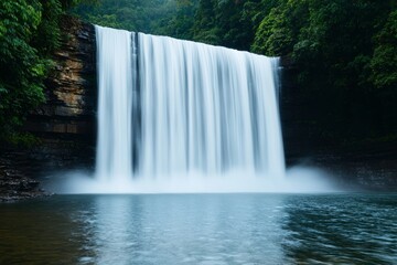 Obraz premium A Serene Rainforest Waterfall cascades into a tranquil pool, bathed in the soft glow of dusk