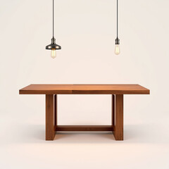 Industrial style wooden table with pendant lights, sleek, pendant lights