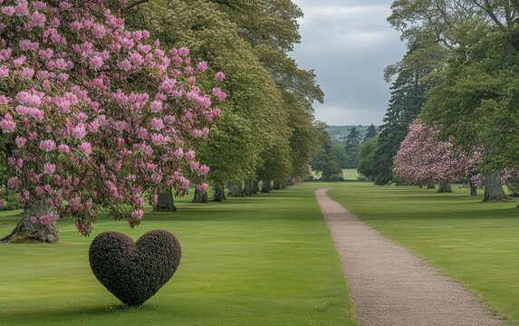 Serene Landscape with Heart-Shaped Topiary and Scenic Pathway Surrounded by Pink Blooming Trees in a Lush Green Park Under Cloudy Sky