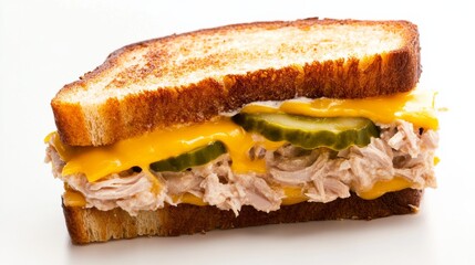 A perfectly assembled tuna melt sandwich with toasted bread, flaky tuna salad, melted cheddar cheese