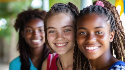 Fototapeta premium Peace Corps Week Diverse group of smiling friends enjoying outdoor summer day