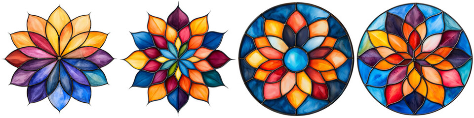 Fototapeta premium mandala watercolor by creativity concept, Colorful stained glass patterns showcasing floral designs with vibrant hues and intricate shapes.