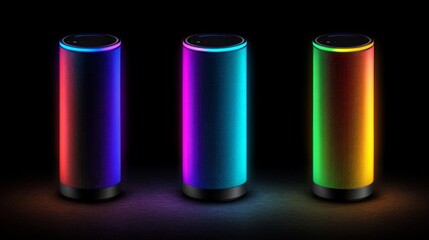 Vibrant Smart Speakers: Three sleek smart speakers illuminate the darkness with vibrant RGB lighting, showcasing a captivating array of colors.  