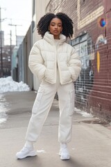 Fototapeta premium Quilted Puffer Jacket Urban winter fashion in puffer jacket with graffiti backdrop
