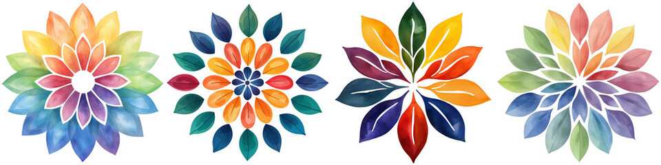 Fototapeta premium mandala watercolor by creativity concept, A vibrant arrangement of multicolored floral designs featuring layered petals in various shapes and sizes.