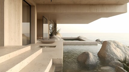 Modern minimalist beige concrete and rock architectural landscape illustration poster background
