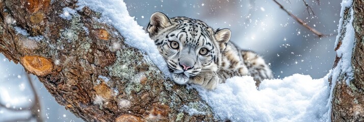 A snow leopard rests on a tree branch, surrounded by a snowy landscape.