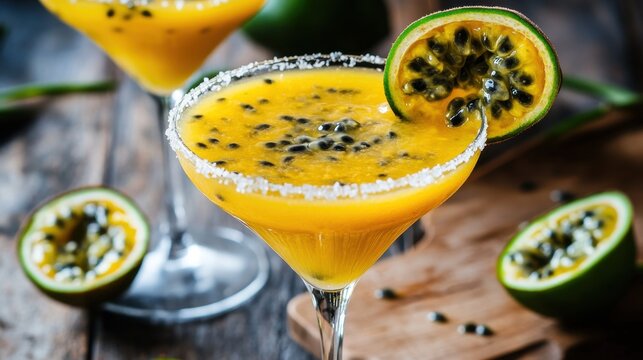 World Passion Fruit Martini Day Exotic passion fruit margarita cocktail with salt rim and fresh fruit garnish for summer refreshment