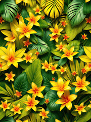 Seamless pattern with yellow and green tropical leaves and flowers, lush nature, decorative texture, foliage background, exotic plants, vibrant design