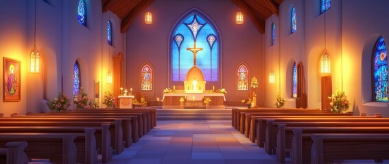 Obraz premium A serene interior of a church featuring stained glass windows and wooden pews.