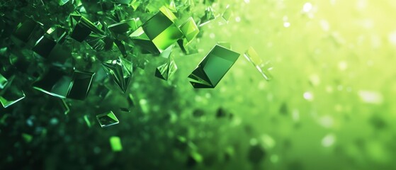 Green geometric crystal shapes floating in abstract light