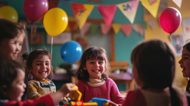 Joyful children celebrating birthday with balloons and toys