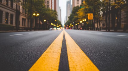 The Road Ahead: A perspective shot down a bustling city street, showcasing the yellow double lines dividing the asphalt path, leading towards a hazy horizon. The image evokes a sense of progress.