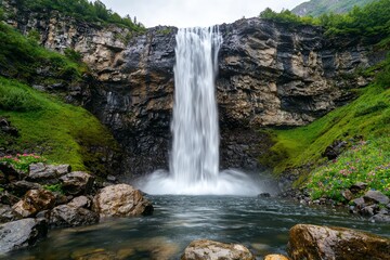 Obraz premium Serene Waterfall cascading down moss-covered rocks, a breathtaking long exposure shot