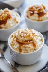 Creamy rice pudding with caramel drizzle and nuts for a cozy dessert experience