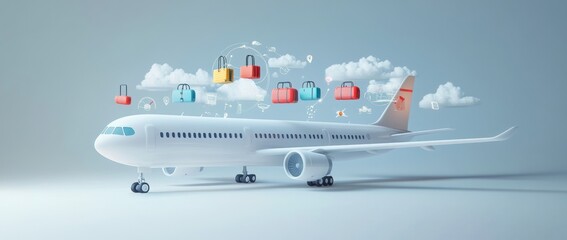 Naklejka premium A digital illustration of an airplane with luggage icons and cloud elements, symbolizing travel.