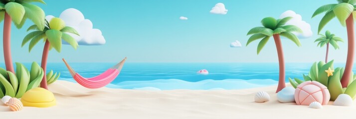 Obraz premium A vibrant beach scene with palm trees, a hammock, and seashells by the ocean.