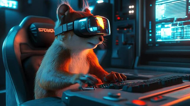Cyber Squirrel Using VR Headset in a Futuristic Control Room