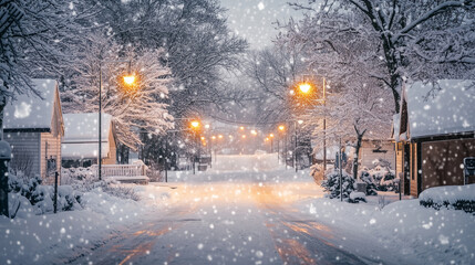 Snow falls slowly in a small village with white-roofed wooden houses, quiet streets covered with soft snow, Ai generated images