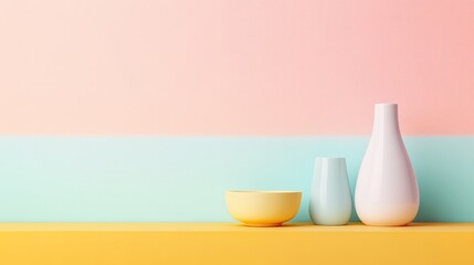 Pastel Serenity: Minimalist still life featuring a trio of white ceramic vessels against a backdrop of soft pink, blue, and yellow hues.