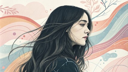 Naklejka premium A mysterious portrait of a young lady with long cascading black hair. The layered filter introduces a collage of soft pastels and fluid shapes around her evoking a dreamlike