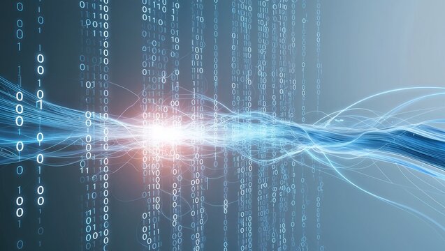 Futuristic binary code and glowing wave with copy space. Digital Abstract. The concept of modern computer technologies